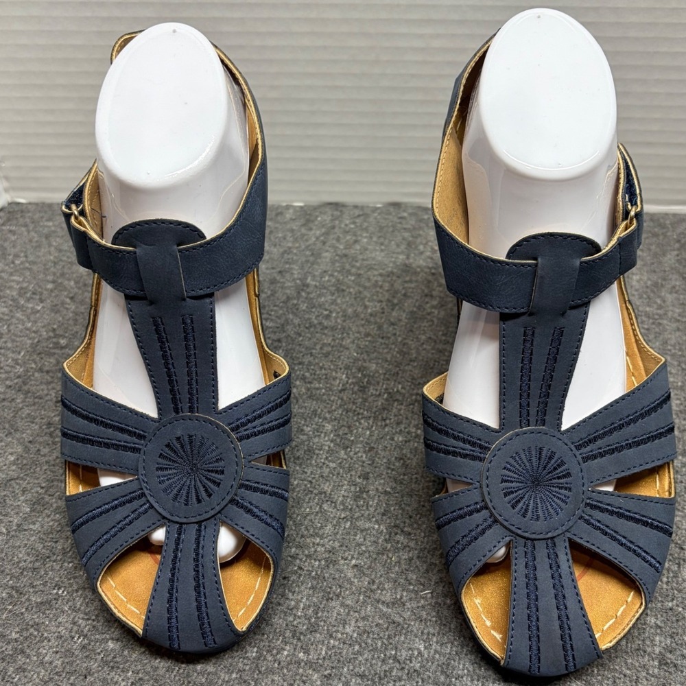 Shibever Women Navy Blue Embroidered Comfort Wedge Sandals Size 41 U298-3
